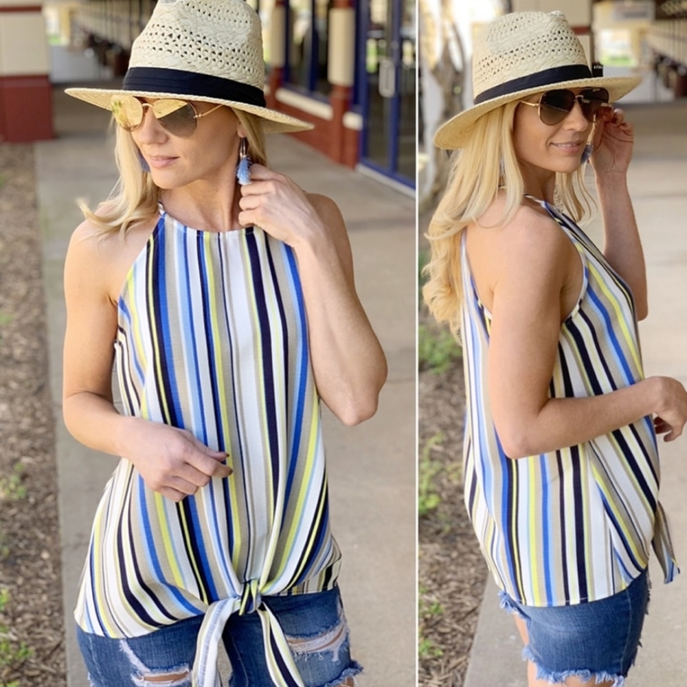 Striped halter neck tie tank